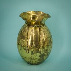 Vintage Brass Vase Planter Urn Bucket Rope Detail 9.5 Inches Metal